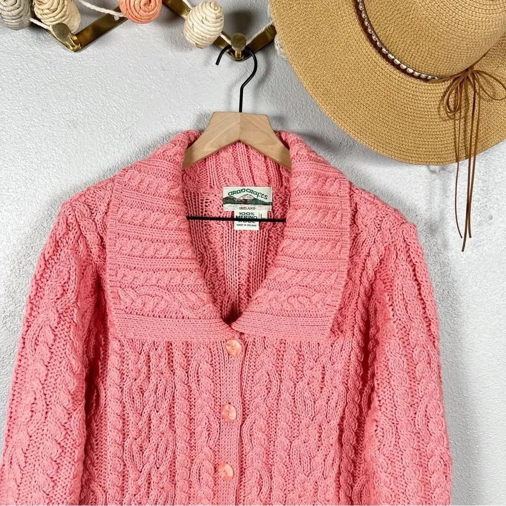 Aran Crafts Merino Wool Fisherman Cable Knit Cardigan Sweater Pink Large